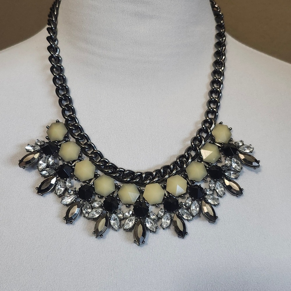 LOFT Statement Necklace Chain Black Cream Clear‎ Rhinestone Jewel Fashion